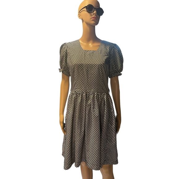 Handmade Babydoll Retro Midi DRESS Women M Black Checkered Stretch Elastic Waist - Picture 1 of 11